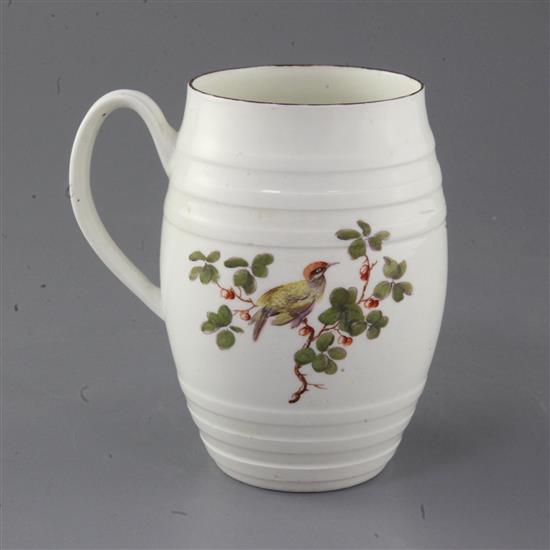 A large Derby barrel-shaped cider mug, c.1760-5. h. 15cm, shallow rim chip